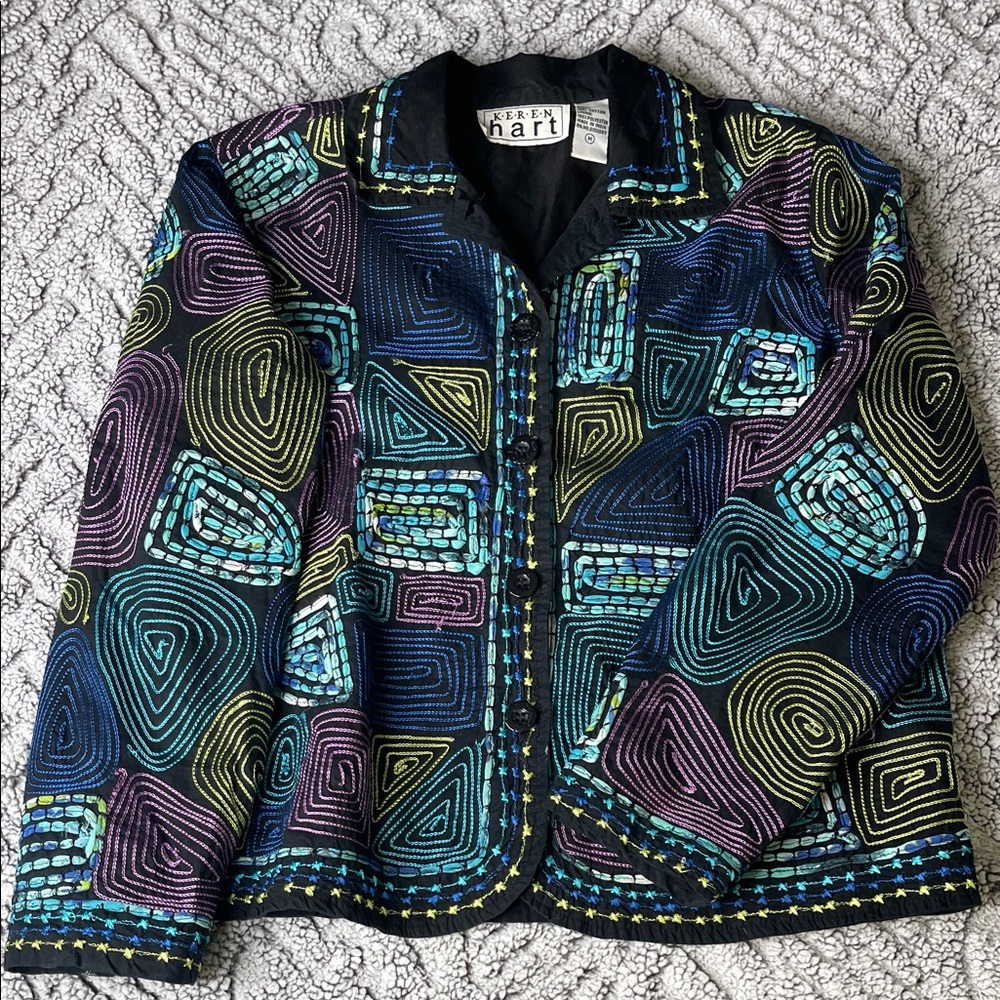 KEREN Hart Black Abstract Embroidered Button Up Blazer Jacket